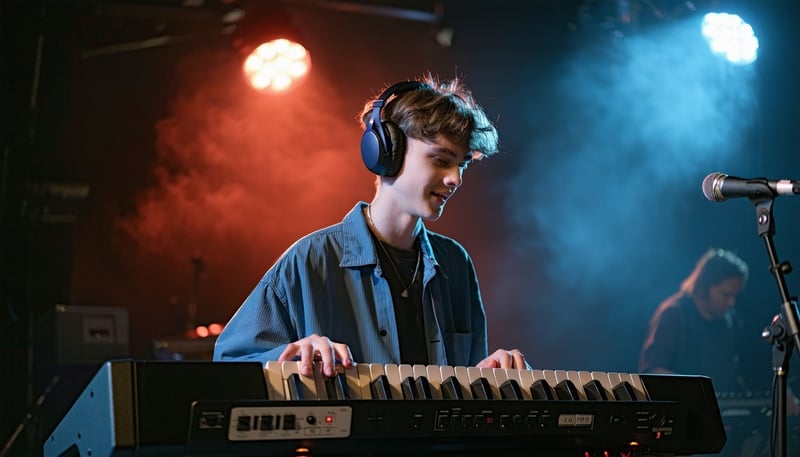 A young musician confidently performing on a keyboard during a live gig.