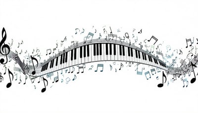 Musical notes flowing from a keyboard, representing Keyverse's musical journey.